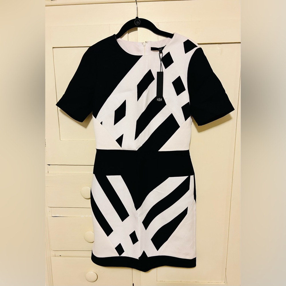 NWT lined Tibi dress black and white pattern with black trim